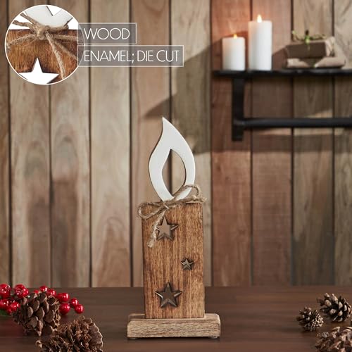 VHC Brands White Flame Natural Candle w/Stars Wooden Figurine 12x5x2