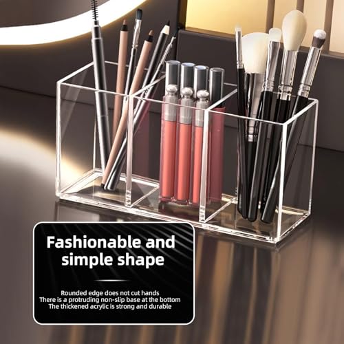 eieioo Acrylic Makeup Brush Holder, 2 Pack Clear Pencil Holder, Desk Accessories Holder with 3 Compartments, Brush Organiz...