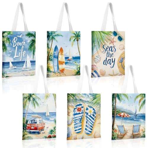 Bencailor 6 Beach Canvas Totes Bags Bulk 15 x 13 Inches Hawaii Gifts Summer Tote Bags Reusable Grocery Handbags for Women ...
