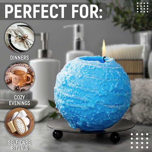 Spiral Candle Burn Around, Unscented Unique Shaped Decorative Candle on Metal Base, 4.5" Blue Beeswax Soy Wax Candle, 4h B...
