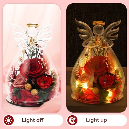 Kemiputi Red Preserved Rose Glass Angel Figurine, Romantic Gifts for Wife Girlfriend, Real Forever Flower I Love You Anniv...