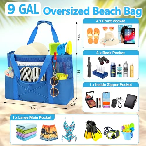Fammart Mesh Beach Bag for Women, Large Beach Toy Pool Bag with Zipper Pocket, SandProof Cruise Essentials 2026 Family Travel