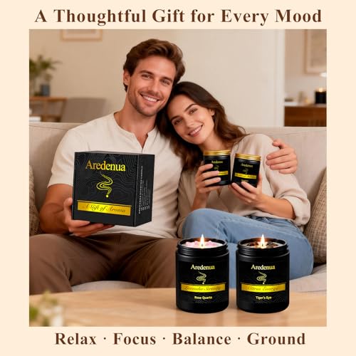 Aredenua Scented Candles Set, 4 Pack Crystal Healing Candles with Rose Quartz Amethyst Tiger Eye Obsidian, 7oz Natural Soy...