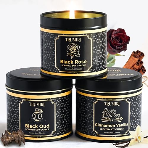 Candle Gift Set of 3 Black Oud|Cinnamon Vanilla|Black Rose Strong Scented Soy Candels Clean Non Toxic Velas Aromáticas Fav...