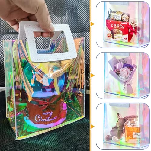 KeerxunBag 1 Pack Holographic Gift Bags with Handles & 2 Tissue Paper Sheets – Iridescent Transparent Reusable Bags for Wo...