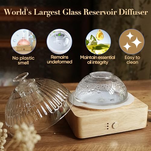 Glass Dome Essential Oil Diffuser with Glass Reservoir & Wood Base-No Plastic, 200ml Ultrasonic Diffuser for Aromatherapy ...