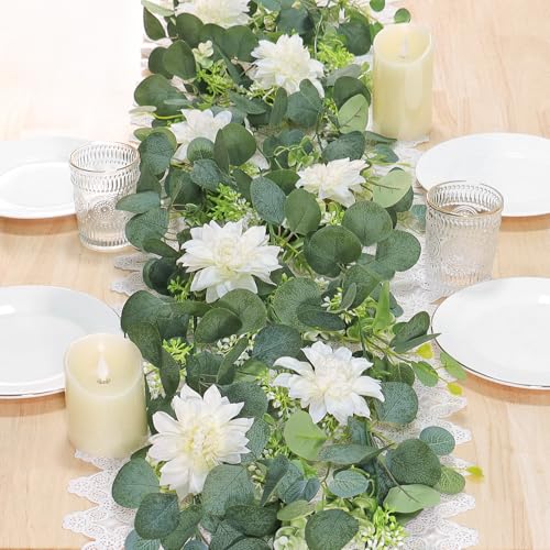 Dremisland Artificial Flowers Garlands 2 Pack 12Ft Artificial Eucalyptus Garland with Dahlia Flower Hanging Flowers Vines ...