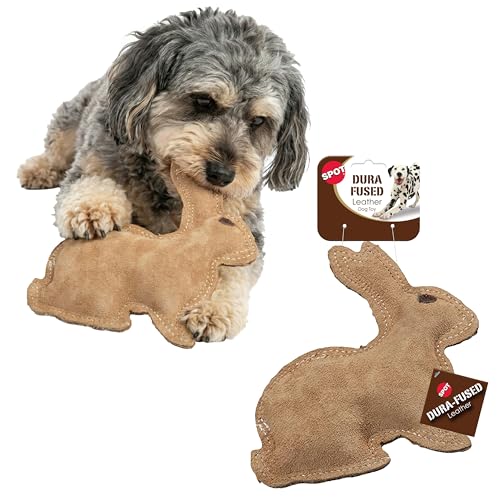 SPOT Dura-Fused Leather Rabbit Dog Toy – Durable Real Leather & Jute Chew Toy with Squeaker, Double-Stitched for Moderate ...