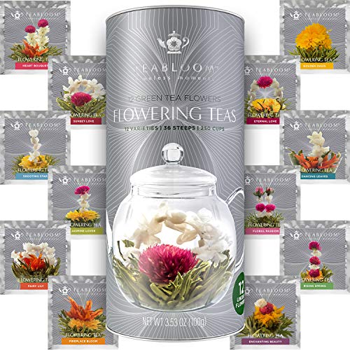 Teabloom Flowering Tea - 12 Unique Varieties of Fresh Blooming Tea Flowers - Hand-Tied Natural Green Tea Leaves & Edible F...