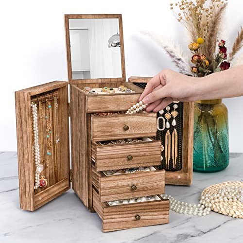 Meangood Jewelry Box Wood for Women, 5-Layer Large Organizer Box with Mirror & 4 Drawers for Rings, Earrings, Necklaces, V...