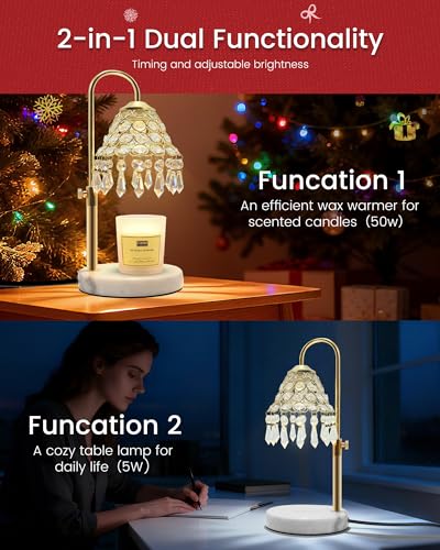 Crystal Candle Warmer Lamp with Timer and Dimmer - 2-in-1 Electric Wax Melt Burner & Dimmable Table Lamp, Adjustable Heigh...