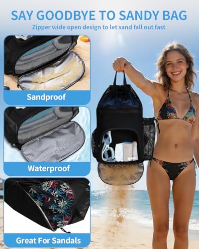 WANDF Swim Bag with Wet Pockets, Sandproof Beach Backpack with 40oz Tumbler Side Pockets, Mesh Drawstring Backpack Swim Ba...