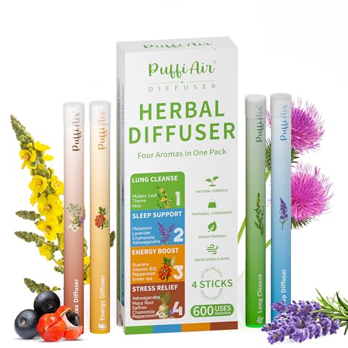 Herbal Diffuser Quartet, Lung, Sleep, Energy & Relax Diffuser with Extract of Mullein, Melatonin, Natural Caffeine and Cha...
