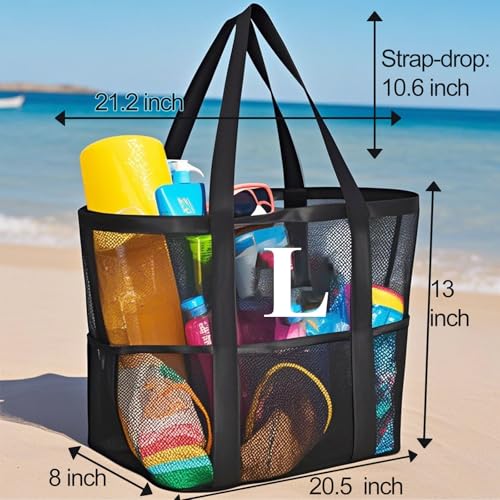 wanchel Personalized Mesh Beach Bag for Women - Waterproof Initial Tote Bag for Family Travel, Toys, Vacation Essentials
