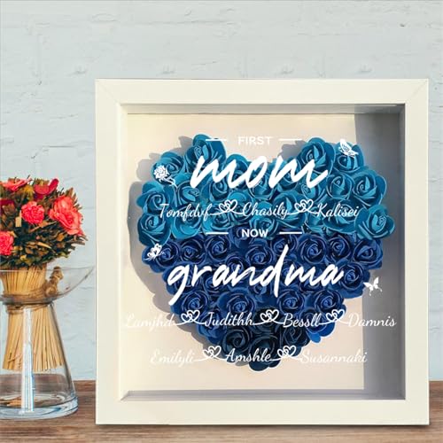 Wasetell Personalized First Mom Now Grandma Rose Flower Shadow Box with Name Mother's Day Heart-Shaped Frame Personalize G...