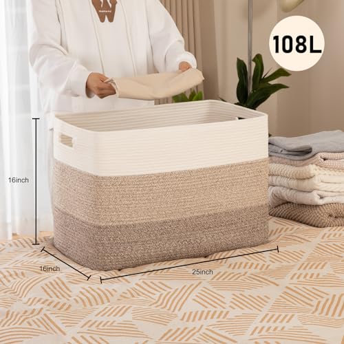 OIAHOMY 108L Super Large Blanket Basket, 25”x16”x16”(108L) Rectangle Woven Baskets for Storage, Cotton Rope Basket For Liv...