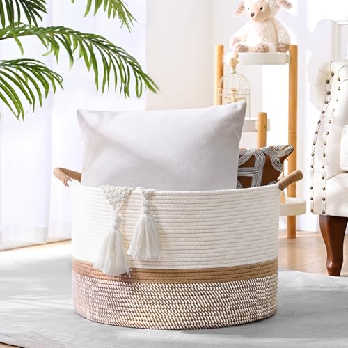 Degeyoyo 67L Large Blanket Basket, 20"x13" Woven Storage Baskets With Handle, Cotton Rope Blanket Basket Living Room, Baby...