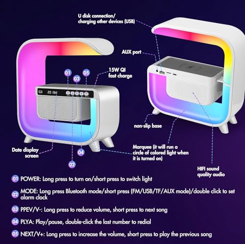 Table Lamp with Hi-Fi Bluetooth Speaker, Bedside LED Lamp with Up to 15W Qi Wireless Charger, Color Changing Mood Lamp wit...