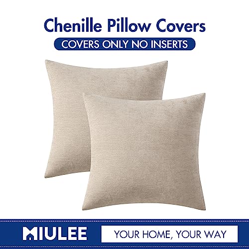 MIULEE Pack of 2 Beige Decorative Pillow Covers 18x18 Inch Soft Chenille Couch Throw Pillows Farmhouse Cushion Covers for ...