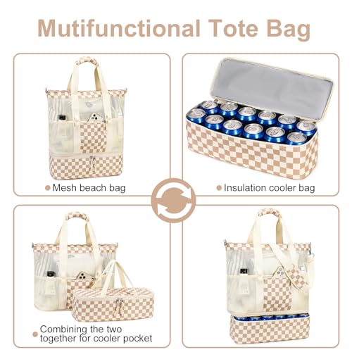 Bluboon Mesh Beach Tote Bag with Cooler Compartment Insulated Detachable Picnic Bag with Zipper and Pocket Pool Bag for Women
