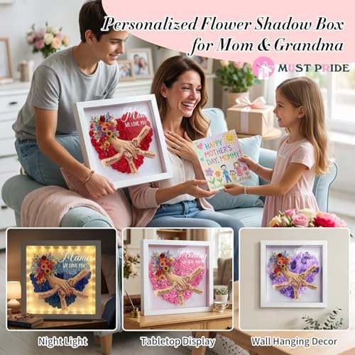 Personalized Mommy Holding Hands Flower Shadow Box with Ring & Manicure Custom Names Floral Heart Frame, Premium Gift for ...