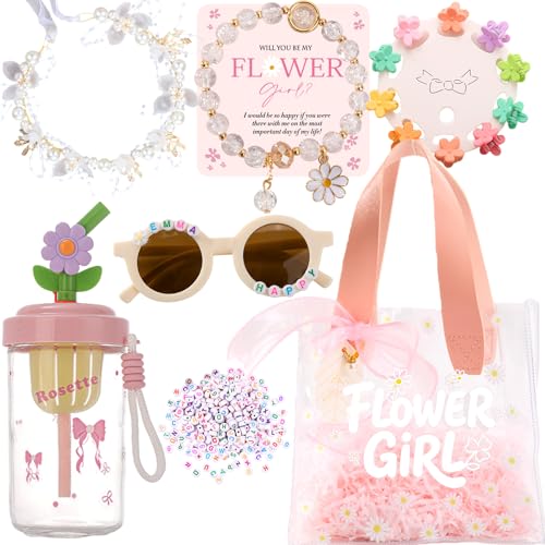 Flower Girl Proposal Gift Set - Will You Be My Flower Girl Card with Bracelet, Sunglasses, Headpiece, Hair Accessories & C...