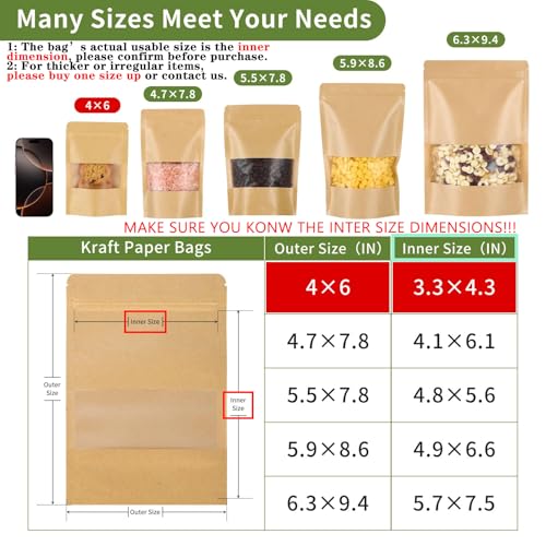 50 Pcs 4x6 Inch Kraft Paper Bags with Transparent Window, Stand Up Pouches,Smell Proof Bags,Resealable Bags for Small Busi...