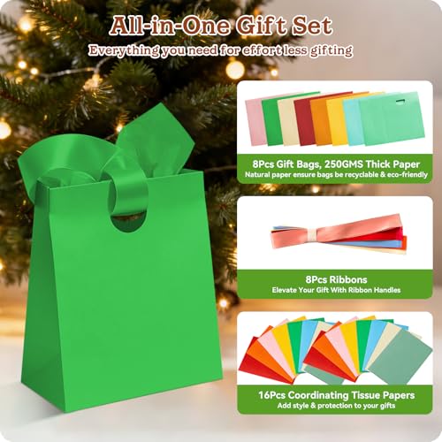 Paper Gift Bags with Ribbon Handles: 8 Pack Small Gift Bags, 8 Assorted Colors Bulk with 16 Tissue Paper, Reusable & Durab...