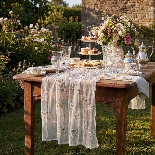 Remagr 9.8 ft Floral Table Runner Embroidery Flower Seasonal Table Decorations Tulle Fabric for Home Indoor Decor, Bridal ...