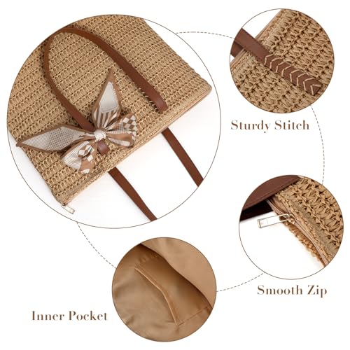 XZQTIVE Summer Beach Crochet Bags for Women Knit&Straw Woven Tote Soft Fabric Boho Shoulder Bag for Vacation Shopping