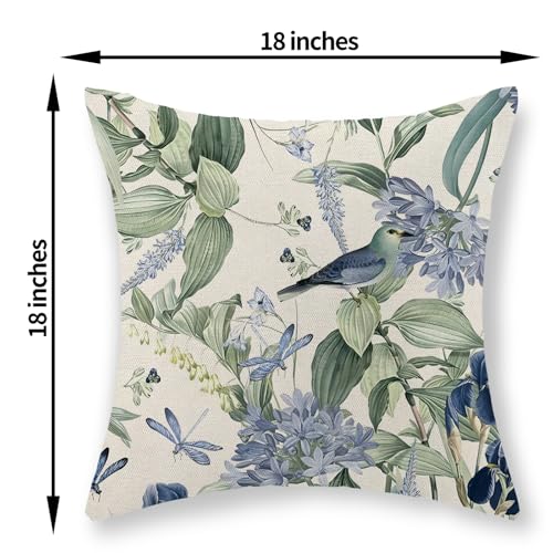 JEFERSO Chinoiserie Pillow Covers 18x18 Set of 2 Blue Green Floral Bird Pillow Cases Vintage Flower Seasonal Outdoor Throw...