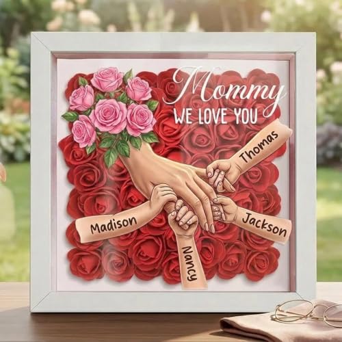 CUSTNEY Personalized Flower Shadow Box Mom Holding Hands- Custom Name &Text Memorial Frame for Mothers' Day, in Loving Mem...