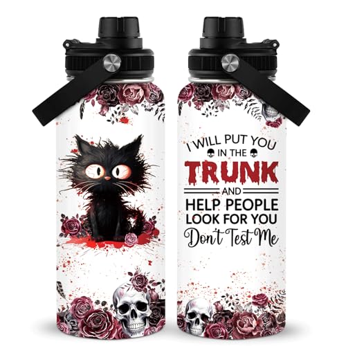 RHONGE Cat Water Bottle 32 Oz, Horror Water Bottle, Horror Cup, Goth Gothic Insulated Cup, I Will Put You In The Trunk Hal...