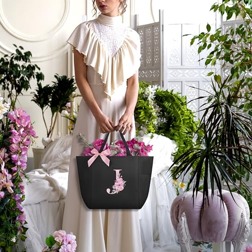 Vavabox Tote Bag, A-Z Initial Monogrammed Waterproof Tote Bag, Bridesmaid Gifts for Women, Black and Pink