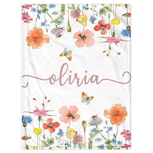 Lcyawer Personalized Swaddle Baby Blankets with Name Plants Flowers, Customized Floral Nursery Blanket for Girls, Newborn ...