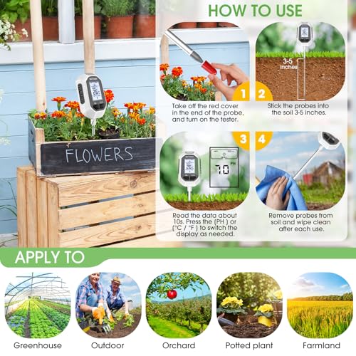 YAMRON 4-in-1 Soil Moisture Meter, Digital Plant Temperature/Soil Moisture Test & PH Meter/Sunlight Intensity, Backlight L...