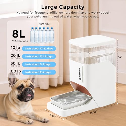 ZOMISIA Automatic Dog Water Dispenser 8L with Stainless Steel Bowl, Gravity Large Capacity Water Bowl for Dogs, 2 Gallon P...