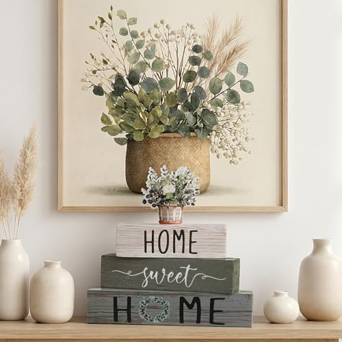 Cinnvoice 4 Pcs Farmhouse Wooden Tabletop Decor Green Eucalyptus Leaves Spring Rustic Tiered Tray Decor Home Sweet Home Ta...