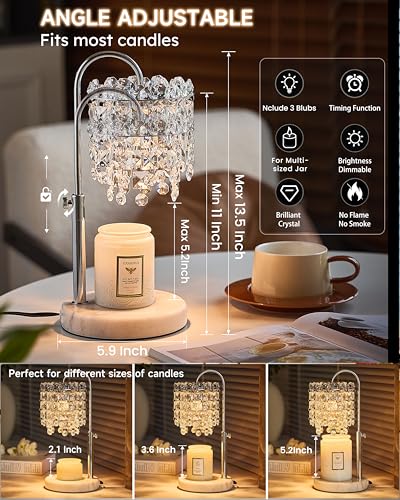 Candle Warmer Lamp with Timer Dimmer Adjustable Height Candle Warmer with Marble Base for Jar Candles, Crystal Candle Lamp...
