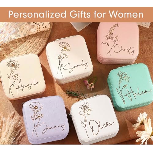 DayOfShe Personalized Travel Jewelry Box with Name and Birth Flower Mothers Day Mom Gifts,Personalized Bridesmaid Gifts fo...