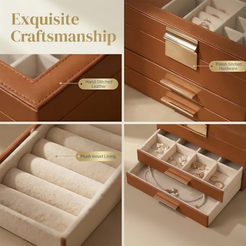 Vandozis Jewelry Box Organizer with Glass Lid, 3-Layer with Double Drawers, Luxury Velvet Lined Desktop Display Case for E...