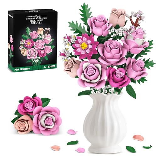 Pink Rose Bouquet Flowers Building Set, 834Pcs Roses Artificial Flowers Botanical Collection Gift for Mothers Day Mom Wome...