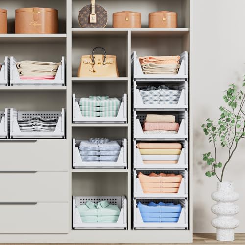 4 Pack Stackable Closet Storage Basket - Stackable Storage Bins, Multifunctional & Foldable Closet Organizer Divided, Ward...