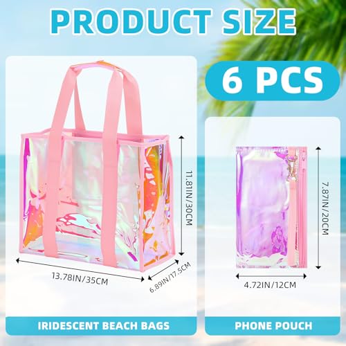Hsei 6 Pcs Clear Iridescent Beach Bag with Phone Pouch for Women Beach Travel Large Waterproof Tote Bags for Vacation Picnic