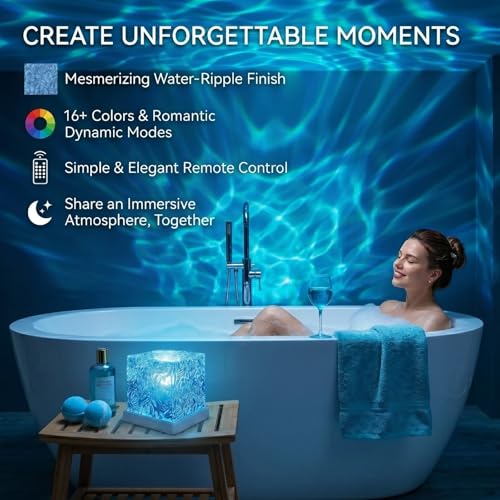 Rechargeable Ocean Wave Projector Light, 16 Color Changeable & Dimmable Shower Lamp with Remote, Cube Mood Ambient Lightin...