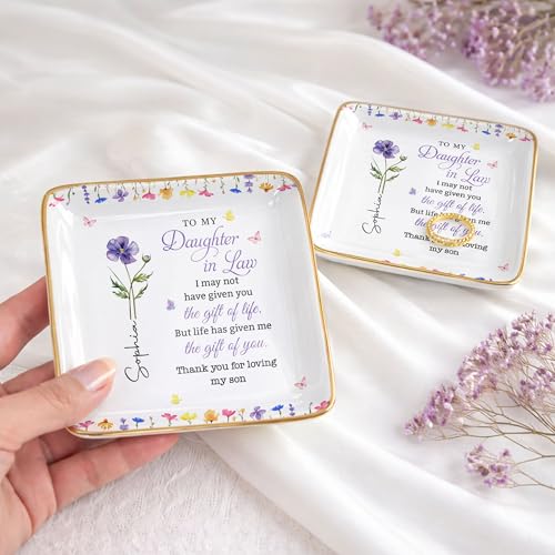 ALMAGEMSUS Personalized Daughter In Law Jewelry Dish, Birth Floral Ceramic Trinket Dish, Ring Holder Tray, Sentimental Gif...