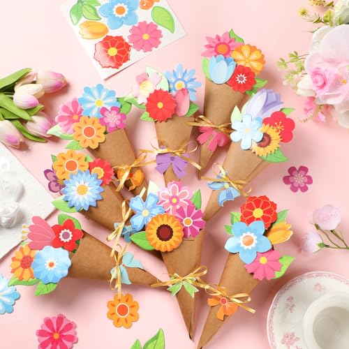 Motipuns 48 Set Spring Bouquet Flower Craft Kit Mother's Day DIY Flower Bow Paper Crafts Colorful Bouquets Make Your Own T...
