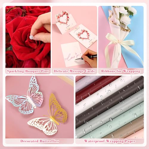 Thrilez 187PCS Flower Bouquet Wrapping Paper Kit Includes 40 Floral Paper, 24 Butterflies, 100 Bouquet Pins, 3 Ribbons and...