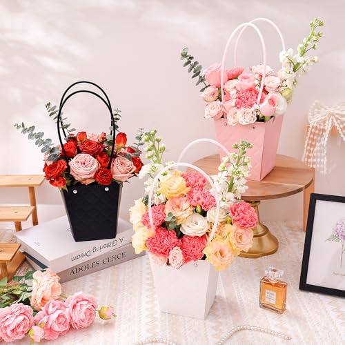tchrules 30pcs Flower Box for Arrangement, Waterproof Bouquet Wrapping Bag With Handle Pink White Black Paper Floral Box f...