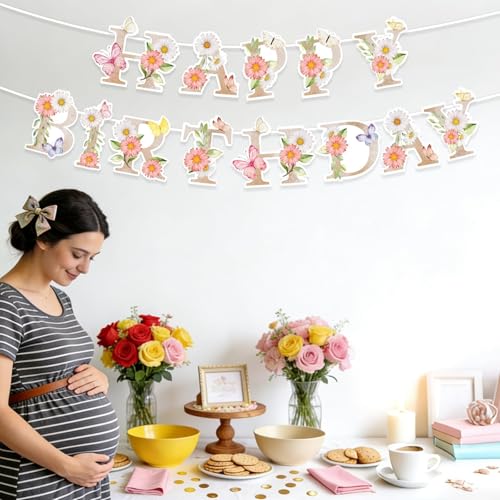 Flower Happy Birthday Banner Wildflower Butterfly Birthday Decorations Spring Floral Happy Birthday Sign for Women Girls F...